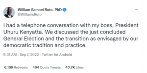 President-Elect William Ruto's Tweet